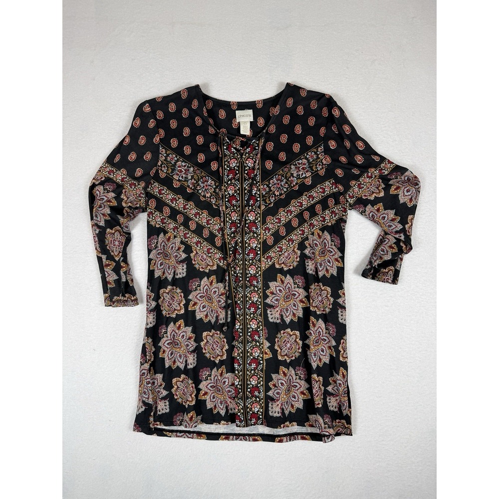 Chico's Paisley Top Womens Size 0 Small Black Boho Lace Up Split Neck Blouse